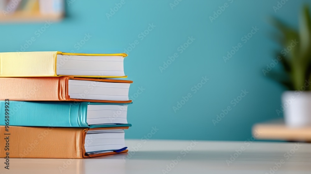 Fototapeta premium A stack of colorful books resting on a table, perfect for educational themes and study environments.