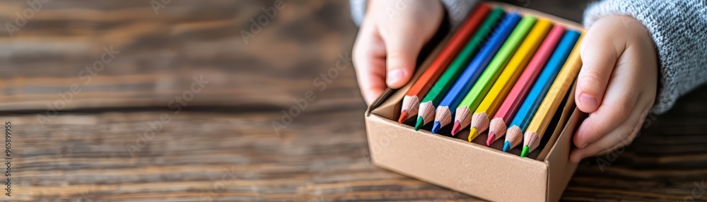 Fototapeta premium A child holds a box of colorful pencils, ready for creative art projects on a rustic wooden table.