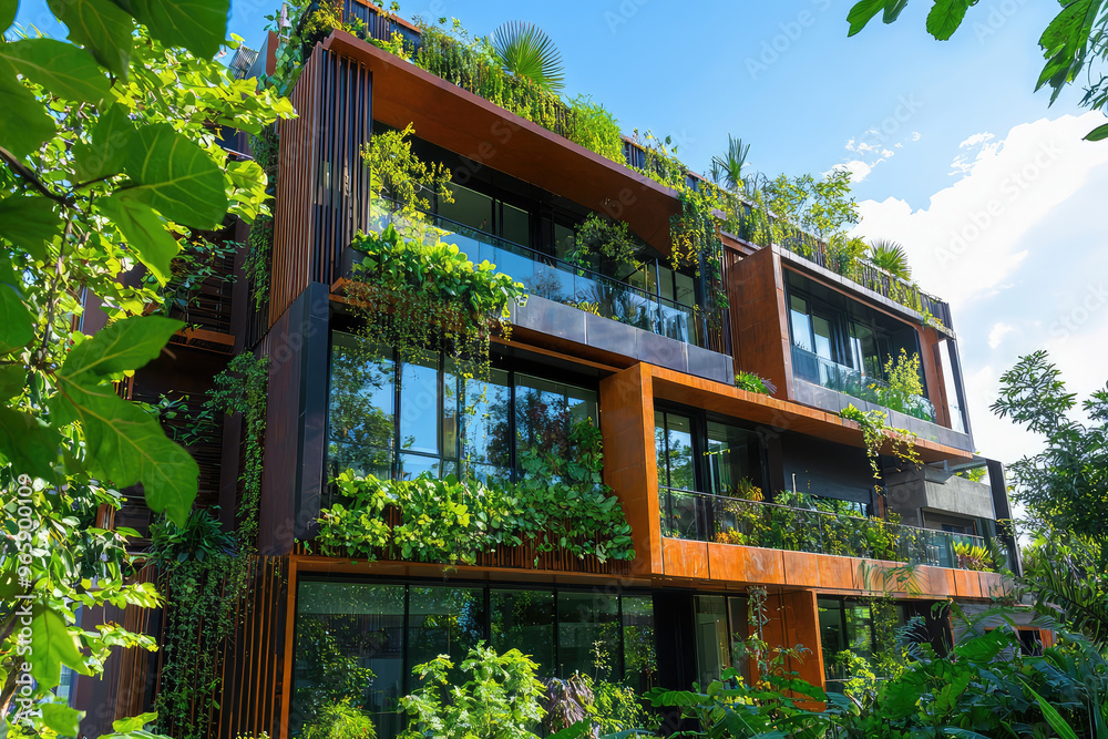 Modern residential building with eco friendly design, featuring lush greenery and sustainable architecture. vibrant facade harmonizes with nature, creating serene living environment Modern residential building with eco friendly design, featuring lush greenery and sustainable architecture. vibrant facade harmonizes with nature, creating serene living environment