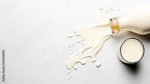 A bottle of milk is tipped over, spilling milk onto a white textured surface. Next to it is a glass filled with milk. The scene is minimalist and clean.