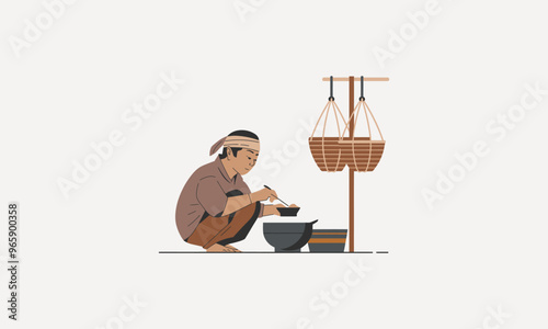 A man squatting, preparing food with traditional hanging baskets.
