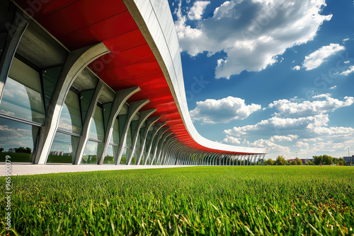 A modern sports stadium with unique design showcases striking architectural style against backdrop of blue skies and fluffy clouds. vibrant red accents and sleek lines create an impressive visual impa photo