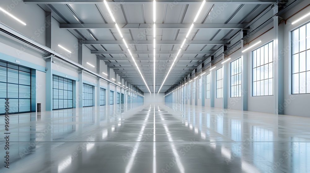 Empty Modern Warehouse with High Ceiling and Fluorescent Lights Empty Modern Warehouse with High Ceiling and Fluorescent Lights