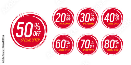 Special offer discounts label starting from 20, 30, 40, 50, 60, 70, 80 percent off. vector discount sticker red.