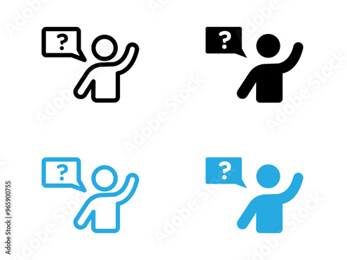 Person asking question icon black and white vector outline sign
