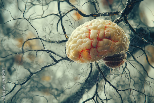 image depicts detailed representation of brain surrounded by intricate neural connections, showcasing complexity of nervous system. This visual evokes sense of curiosity and wonder about brain functi photo