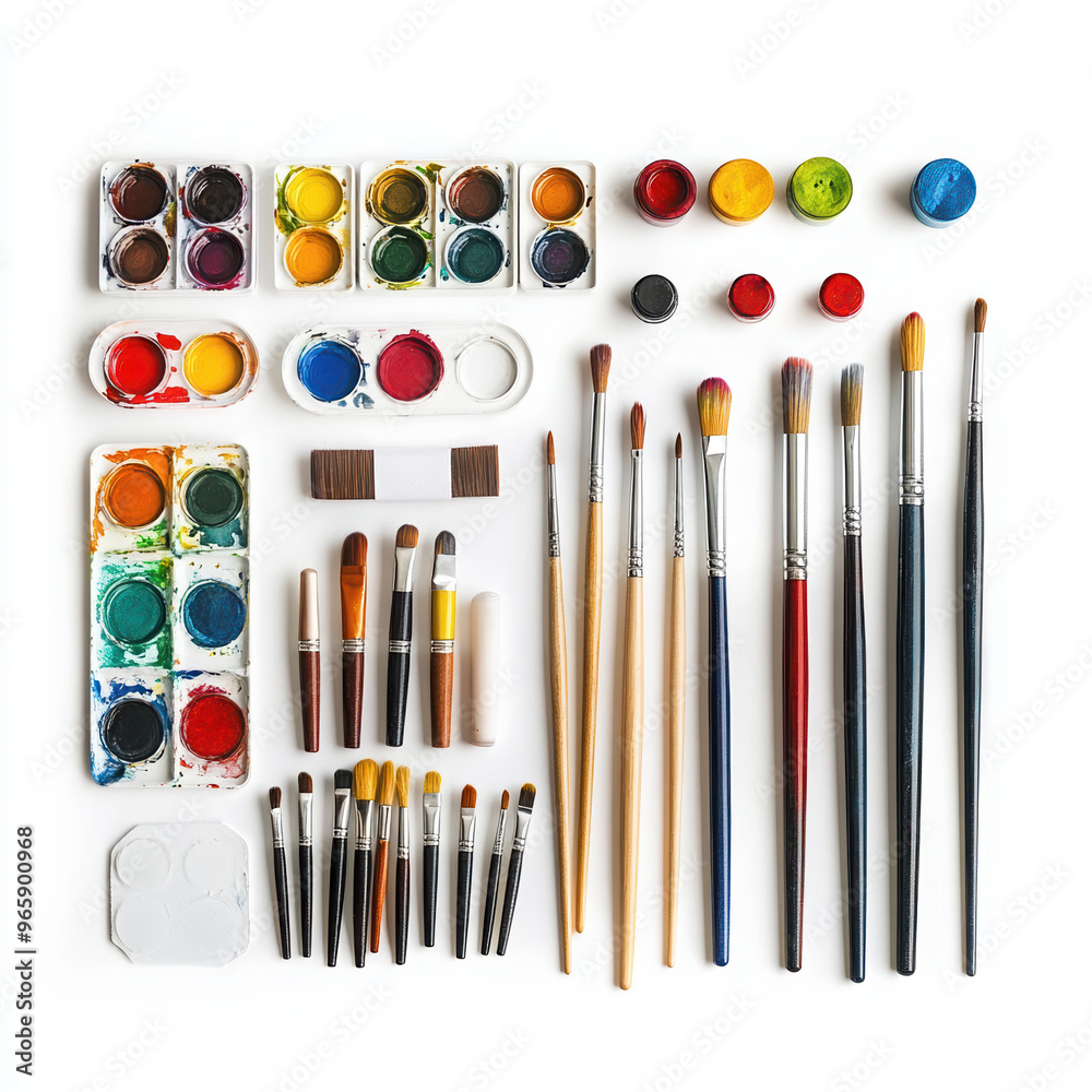 Naklejka premium paints brushes watercolor art supplies artist tools palette color mixing painting accessories creative hobby artistic materials flat lay stationery craft supplies 