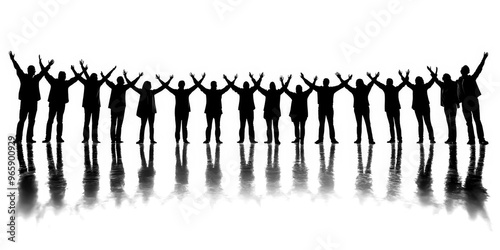 Black Silhouette of a group of people in a circle arms around each others shoulders on a white background.