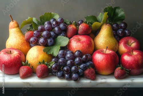 artfully arranged fruit still life with clusters of jeweltoned grapes crisp apples ripe pears and succulent strawberries on a pristine white marble surface photo