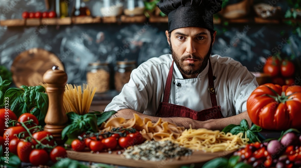 Portrait of Italian Chef Blended with Fresh Ingredients Symbolizing Culinary Traditions
Portrait of Italian Chef Blended with Fresh Ingredients Symbolizing Culinary Traditions