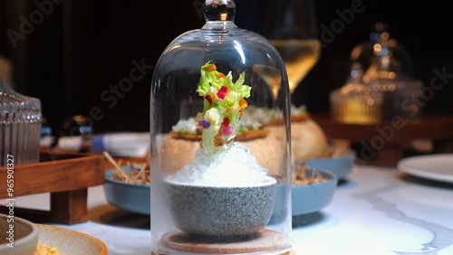 Wallpaper Mural Artfully plated gourmet dish served under glass cloches in fine dining restaurant, emphasizing elegance and exquisite culinary presentation, with soft focus on background. Fine Dining and Culinary Art Torontodigital.ca