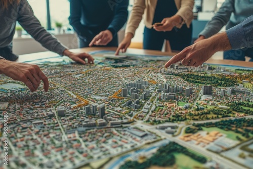 hands of a Urban planners gathered around a large table with a detailed city map, discussing a new development with copy space
