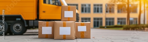 Delivery packages stacked near a truck in a sunny urban setting, perfect for logistics, shipping, and transportation themes. photo