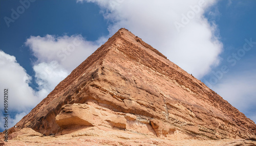 Ancient pyramid, sandstone rock formation with cloudy sky on background. Historical monument. photo