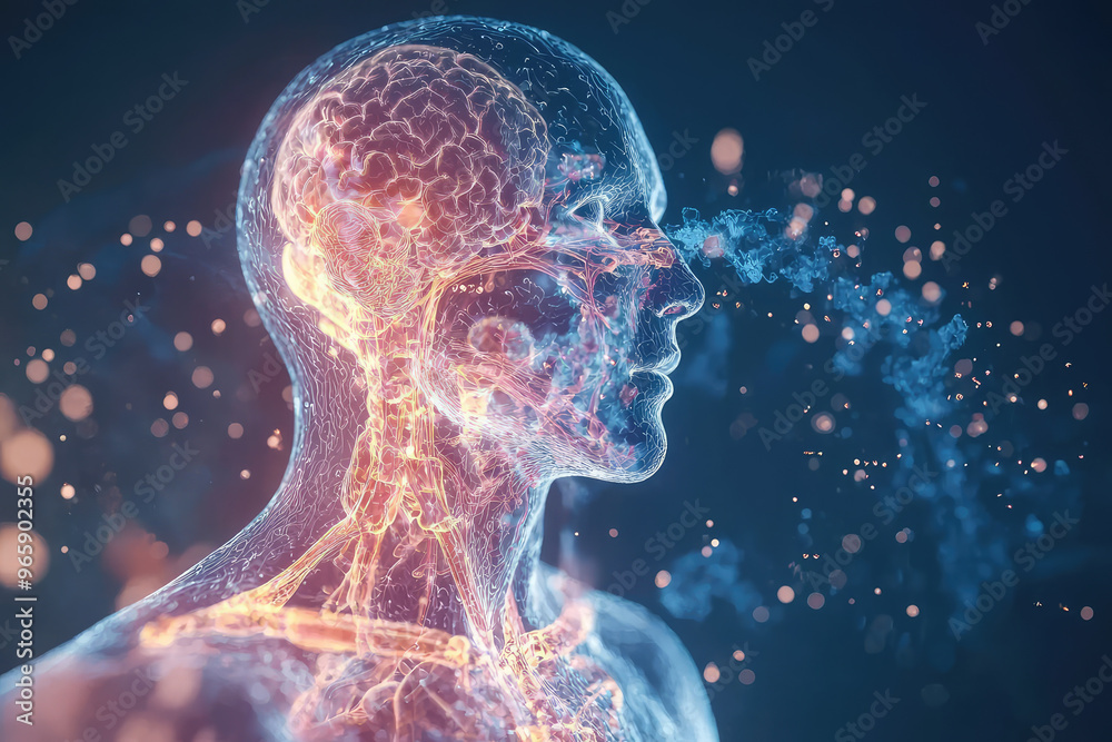 image depicts detailed and vibrant representation of human respiratory system, showcasing intricate connections between brain and respiratory pathways. This visualization emphasizes importance of und image depicts detailed and vibrant representation of human respiratory system, showcasing intricate connections between brain and respiratory pathways. This visualization emphasizes importance of und