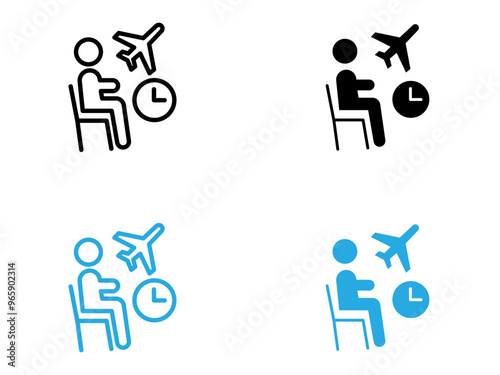 Traveler sitting in the airport lounge icon black and white vector outline sign