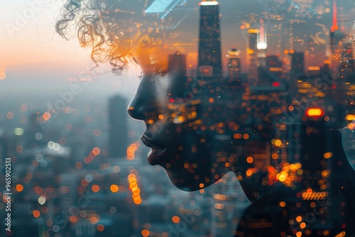 Double Exposure Portrait of Young American Entrepreneur with Dynamic City Skyline

