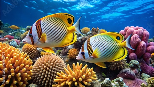 Butterflyfish swimming in pairs over a coral reef photo