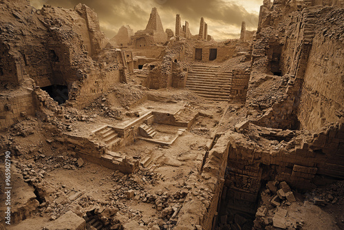 Ancient ruins of once thriving civilization, showcasing crumbling structures and eroded steps, evoke sense of mystery and history. dramatic sky adds to atmosphere of decay and time photo