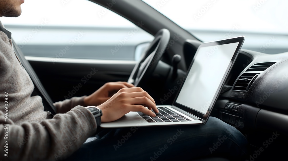 Person Working on a Laptop While Sitting in the Passenger Seat Person Working on a Laptop While Sitting in the Passenger Seat