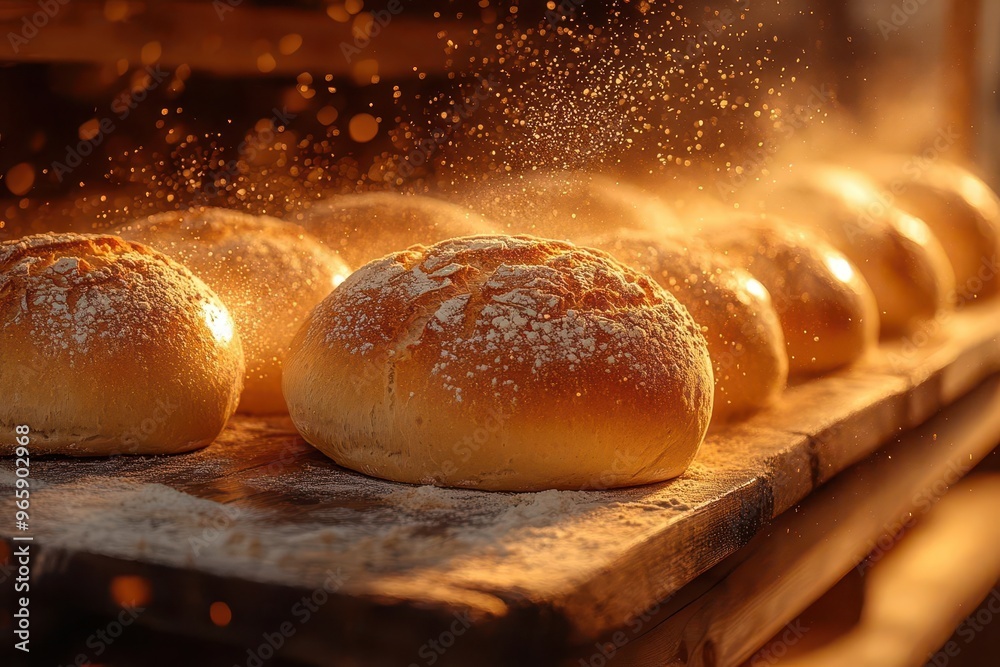 artisanal bakery scene with golden crusty loaves of bread arranged on rustic wooden shelves bathed in warm inviting light with flour dust dancing in the air
