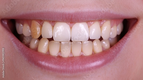 A smiling mouth showing a before and after comparison of teeth whitening treatment, with a dramatic change in brightness