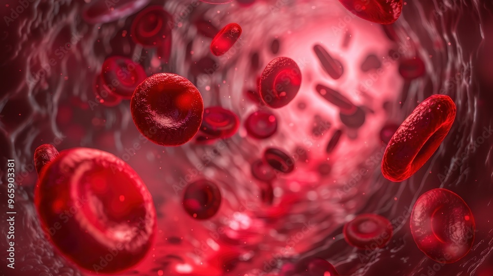 Red blood cells are actively streaming through the vascular system, illustrating the dynamic movement within the blood vessels, essential for transporting oxygen.