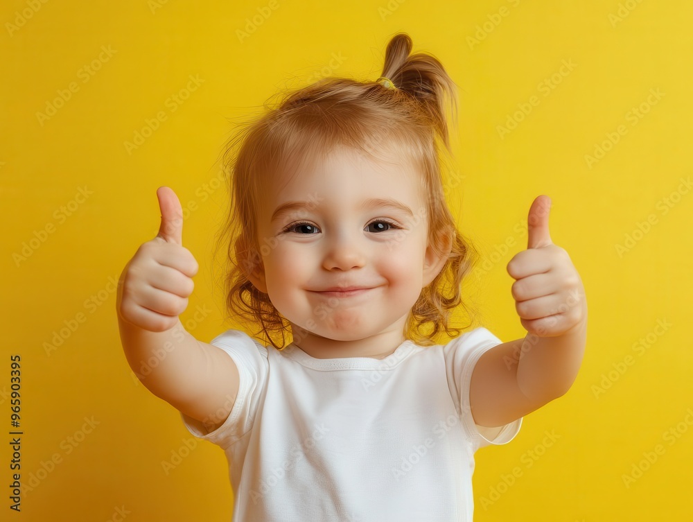 adorable toddler giving enthusiastic thumbs up vibrant yellow background closeup captures childs innocent excitement and positivity adorable toddler giving enthusiastic thumbs up vibrant yellow background closeup captures childs innocent excitement and positivity