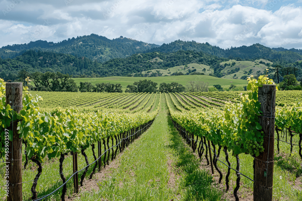 Obraz premium A scenic vineyard with lush grapevines stretching across rolling hills under bright sky, creating serene and picturesque landscape