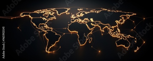 An artistic representation of a glowing world map with interconnected lines symbolizing global connectivity and digital networks.