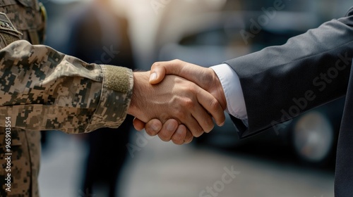 A soldier in uniform shakes hands with a businessman in a suit, symbolizing the meeting of military service and corporate partnership