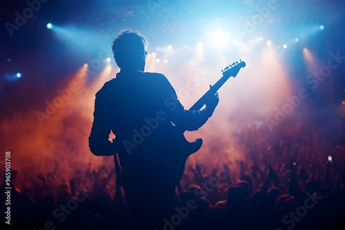 Passionate Musician Delivers Virtuosic Guitar Solo on Packed Concert Stage with Electrifying Performance photo