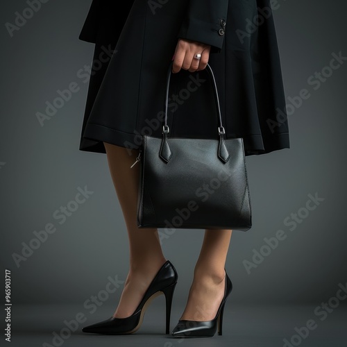 Woman in Classic Black Stilettos and Sleek Black Leather Handbag Against Moody Gray Background

