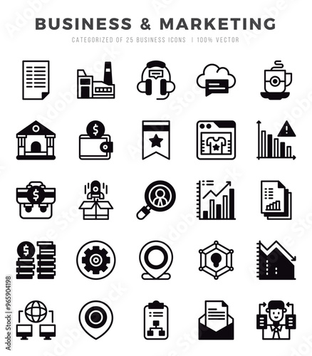 Set of 25 Business & Marketing Lineal Filled Icons Pack.