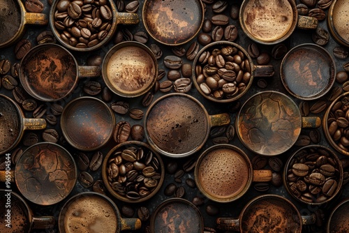 Coffee Cup Design with Stylized Coffee Beans and Cups in Earthy Tones