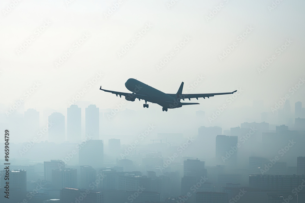 A plane flies through smog and air pollution, creating visibility issues over city skyline. hazy atmosphere adds dramatic effect to urban landscape A plane flies through smog and air pollution, creating visibility issues over city skyline. hazy atmosphere adds dramatic effect to urban landscape