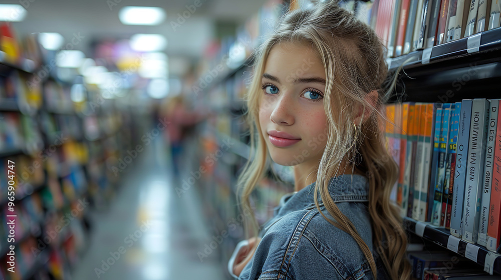 Teenage girl with long blond hair is browsing in a bookstore, looking back over her shoulder Teenage girl with long blond hair is browsing in a bookstore, looking back over her shoulder