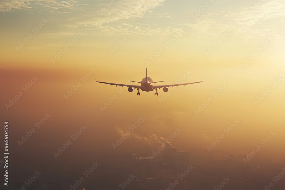 Obraz premium A plane approaches for landing amidst smog and air pollution, creating visibility issues in hazy sunset sky. scene captures impact of environmental factors on aviation