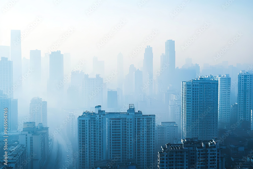 image depicts cityscape shrouded in smog and air pollution, causing significant visibility issues. tall buildings appear hazy, creating somber atmosphere image depicts cityscape shrouded in smog and air pollution, causing significant visibility issues. tall buildings appear hazy, creating somber atmosphere