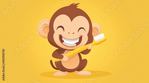 Cartoon monkey happily brushing its teeth, isolated vector flat design photo