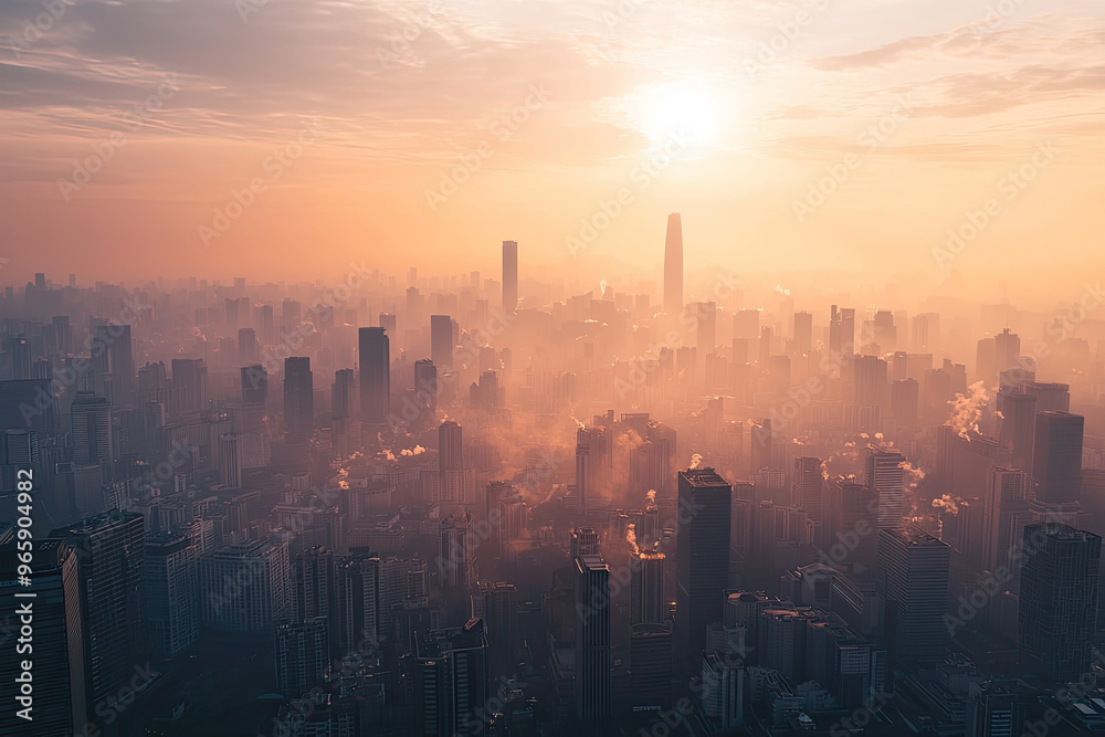 image captures stunning view of city skyline shrouded in smog and air pollution, with sun setting in background, creating dramatic atmosphere image captures stunning view of city skyline shrouded in smog and air pollution, with sun setting in background, creating dramatic atmosphere
