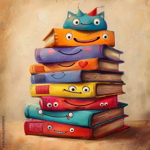 Vibrant Stack of Whimsical Illustrated Storybooks with Cheerful Faces