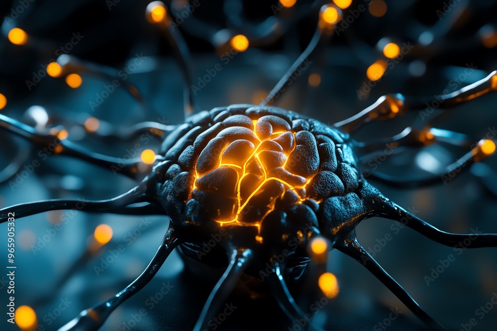 Brain surrounded by a glowing web of neurons each one firing in response to thought, movement, and emotion