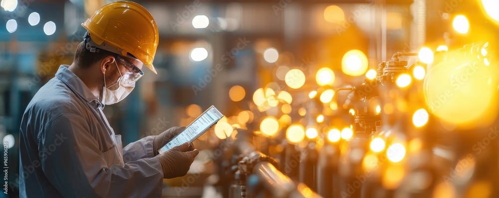 A technician in a safety helmet examines data on a tablet in an industrial setting, illuminated by bright, glowing lights. A technician in a safety helmet examines data on a tablet in an industrial setting, illuminated by bright, glowing lights.