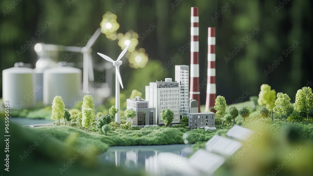 A mini urban landscape featuring renewable energy sources and industrial structures amidst greenery
