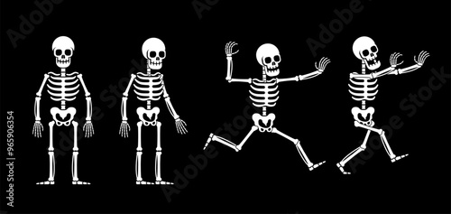 Skeletons in various playful poses. Cartoon skeleton running scary. Halloween. Vector isolated illustration.