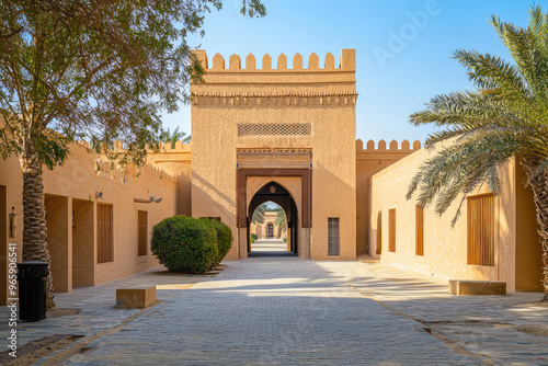 Al Ain National Museum features stunning heritage architecture, showcasing traditional design elements and serene atmosphere. Visitors can explore beautiful pathways lined with palm trees and histori photo