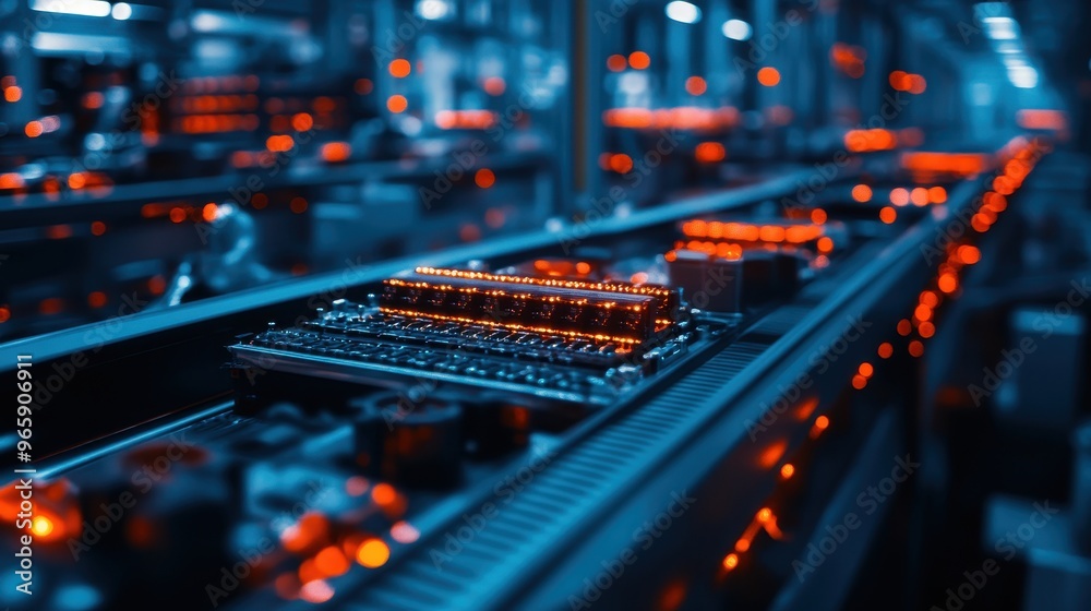 Close-up view of a futuristic assembly line with glowing components, showcasing advanced technology in a factory environment. Close-up view of a futuristic assembly line with glowing components, showcasing advanced technology in a factory environment.