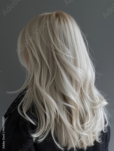 Woman with Long Platinum Blonde Hair and Silvery Shine Against Minimalist Dark Background