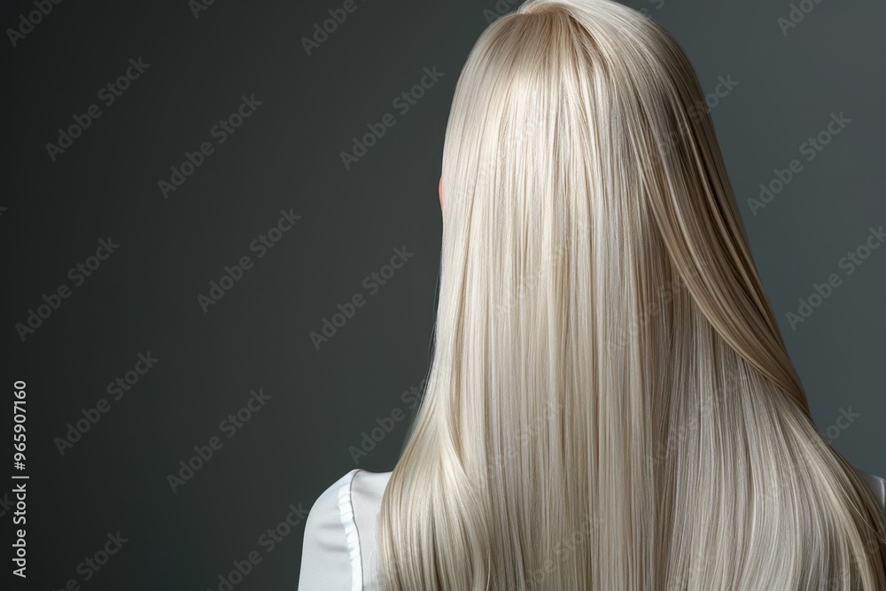 Naklejka premium Woman with Long Platinum Blonde Hair and Silvery Shine Against Minimalist Dark Background